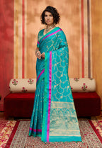 Monjolika Fashion Aqua Blue Weaving Satin Silk Blend Festival Trendy Saree - Distacart