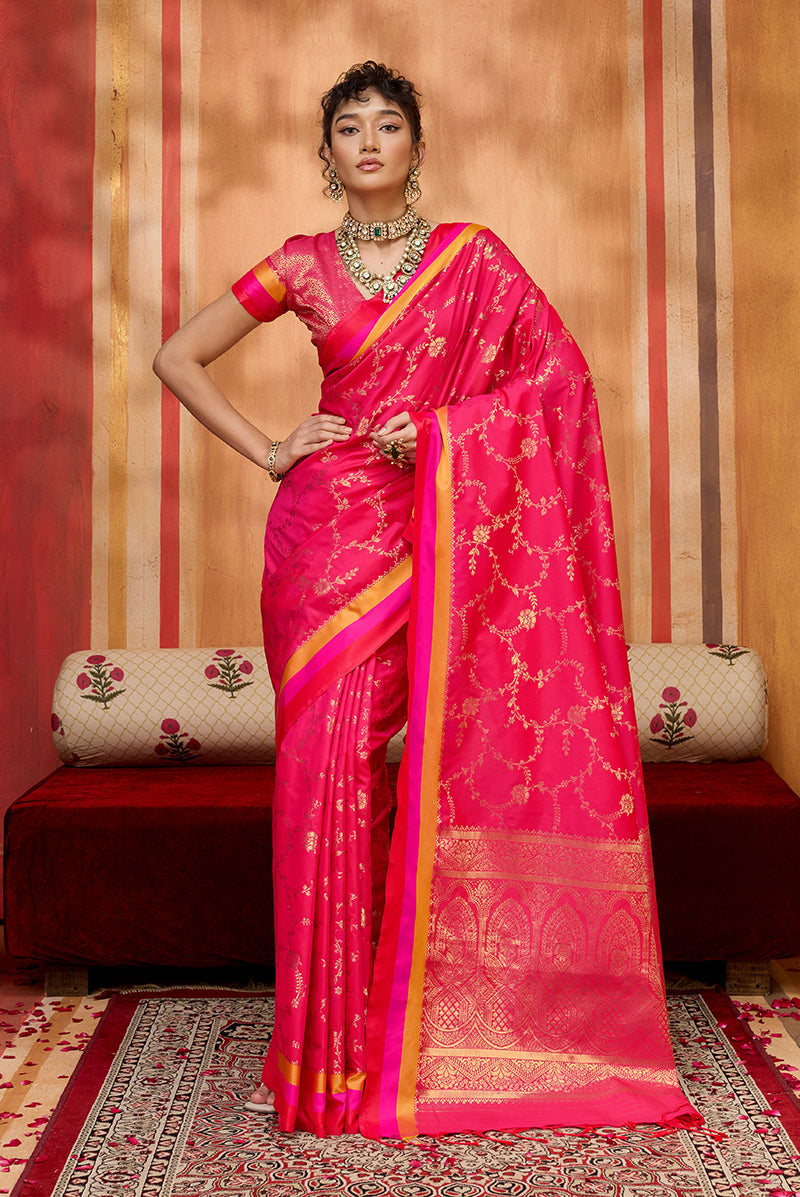 Monjolika Fashion Rani Pink Weaving Satin Silk Blend Festival Trendy Saree - Distacart