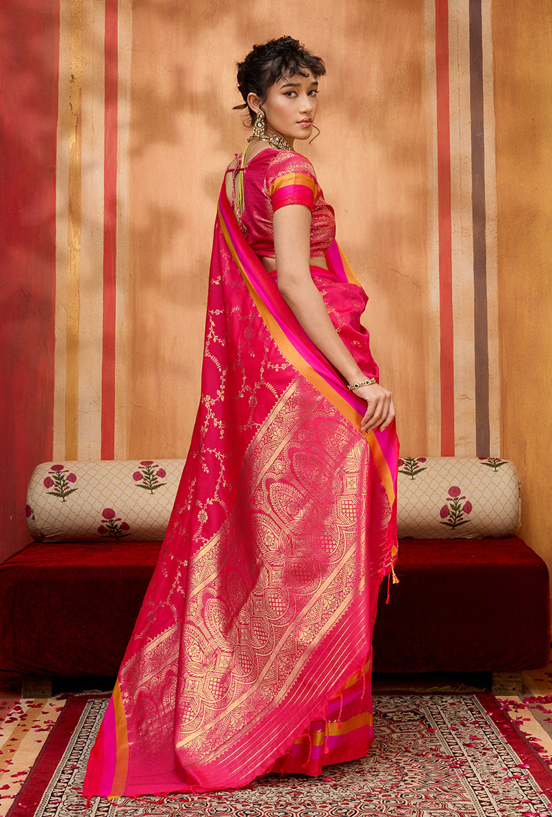 Monjolika Fashion Rani Pink Weaving Satin Silk Blend Festival Trendy Saree - Distacart