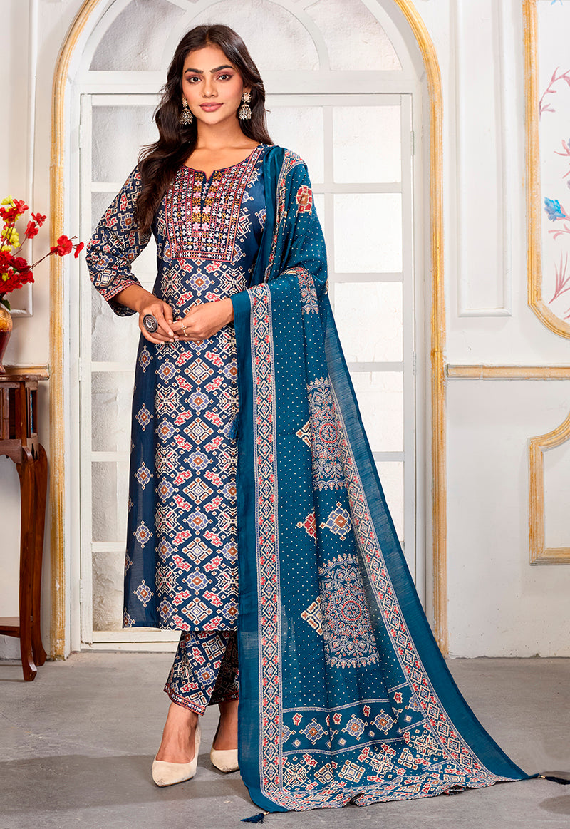 Monjolika Fashion Teal Blue Chanderi Embroidered Work Party Pant Style Suit - Distacart