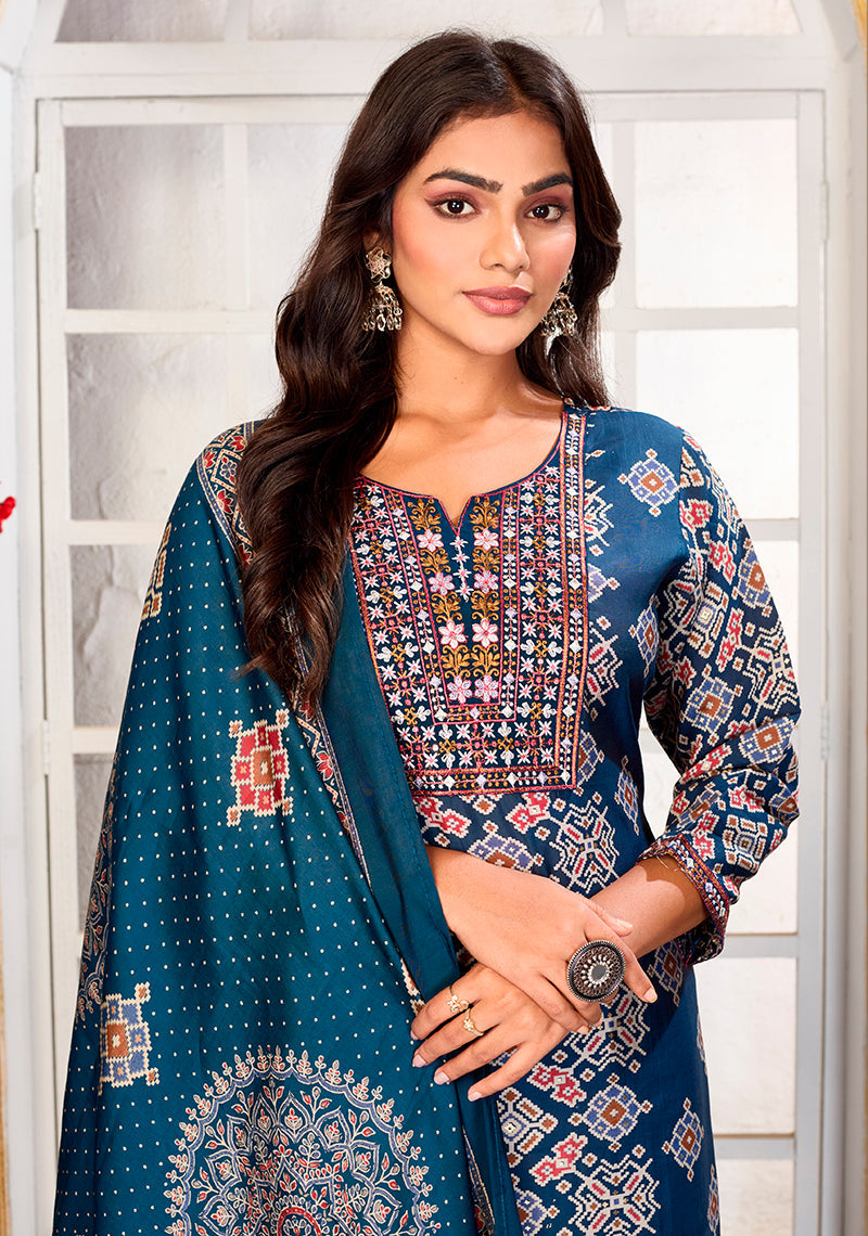 Monjolika Fashion Teal Blue Chanderi Embroidered Work Party Pant Style Suit - Distacart