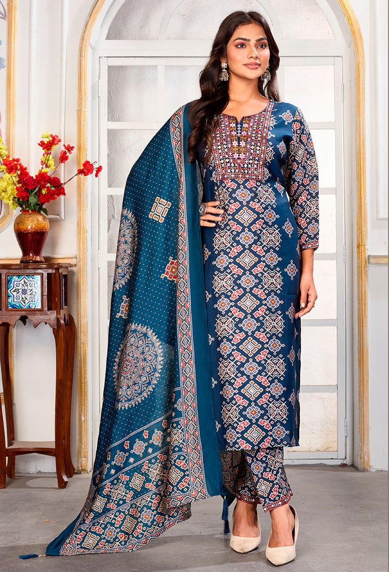 Monjolika Fashion Teal Blue Chanderi Embroidered Work Party Pant Style Suit - Distacart