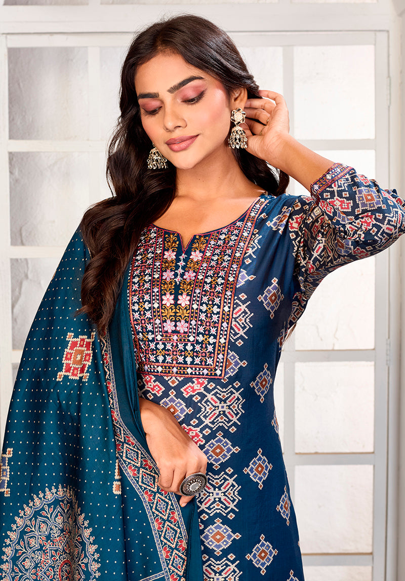 Monjolika Fashion Teal Blue Chanderi Embroidered Work Party Pant Style Suit - Distacart
