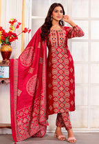 Monjolika Fashion Red Chanderi Embroidered Work Party Pant Style Suit - Distacart
