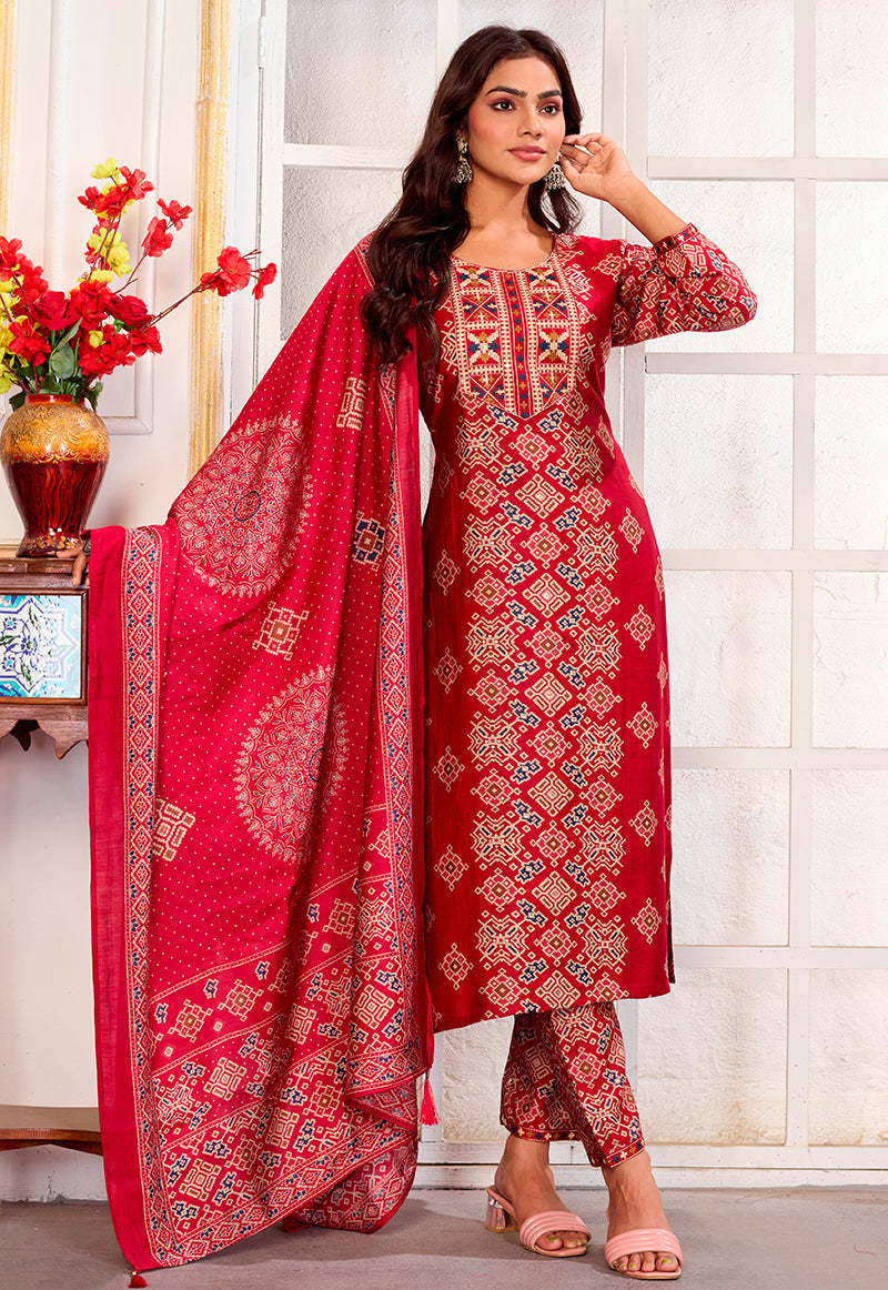 Monjolika Fashion Red Chanderi Embroidered Work Party Pant Style Suit - Distacart