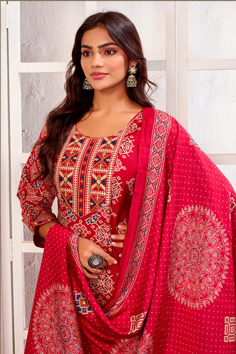 Monjolika Fashion Red Chanderi Embroidered Work Party Pant Style Suit - Distacart