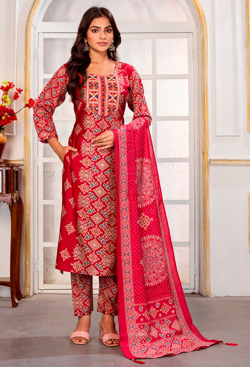 Monjolika Fashion Red Chanderi Embroidered Work Party Pant Style Suit - Distacart
