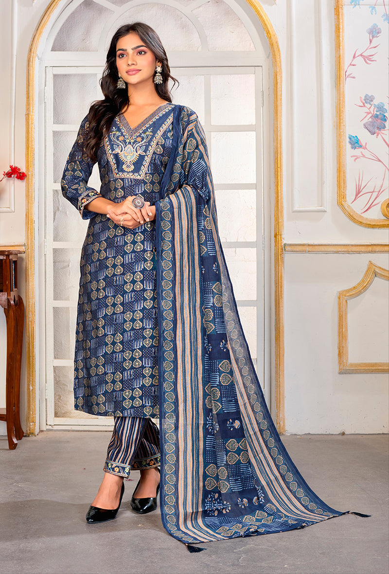 Monjolika Fashion Blue Chanderi Embroidered Work Party Pant Style Suit - Distacart
