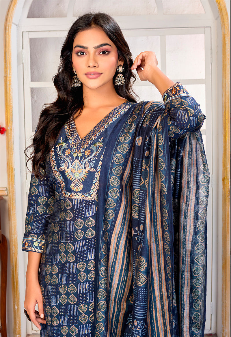 Monjolika Fashion Blue Chanderi Embroidered Work Party Pant Style Suit - Distacart