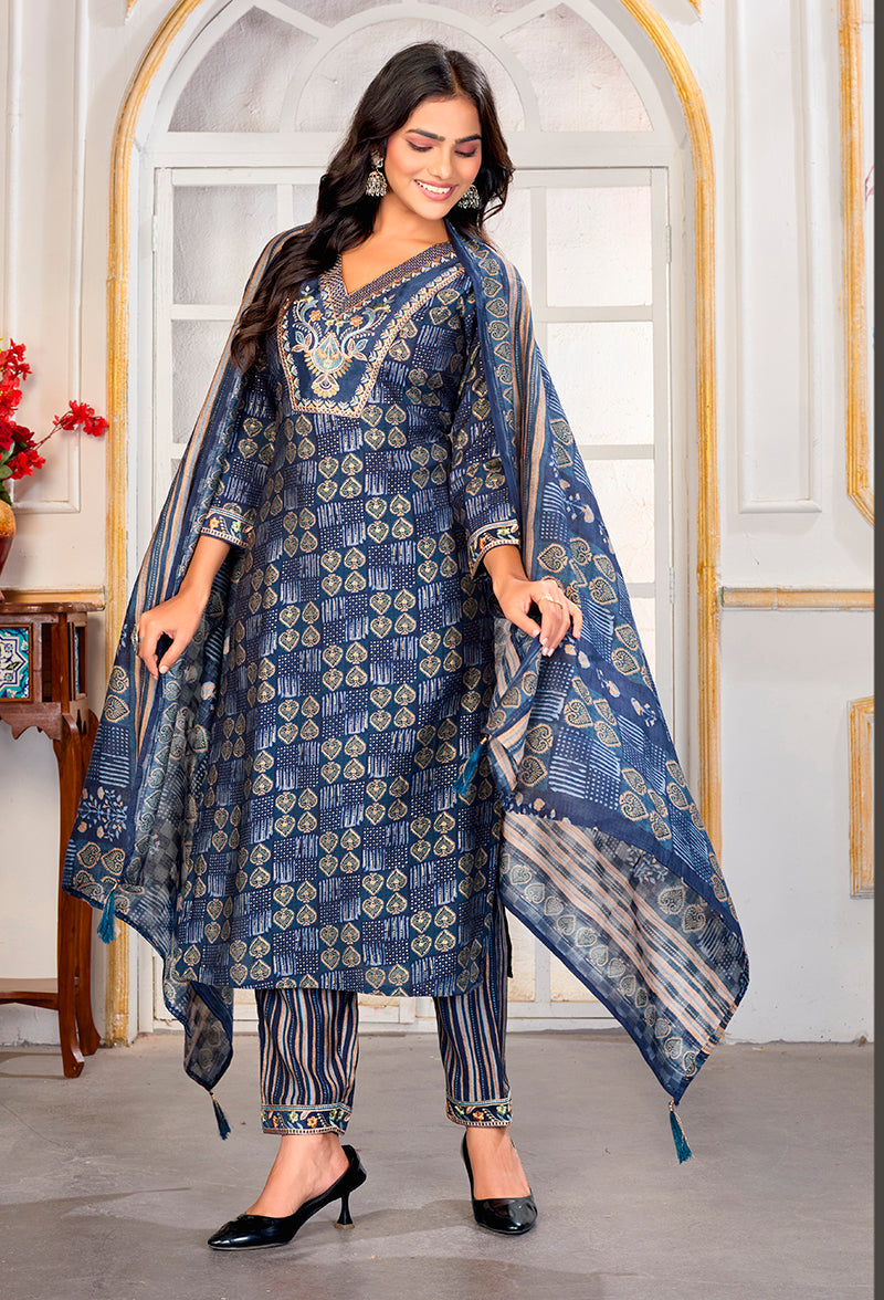 Monjolika Fashion Blue Chanderi Embroidered Work Party Pant Style Suit - Distacart