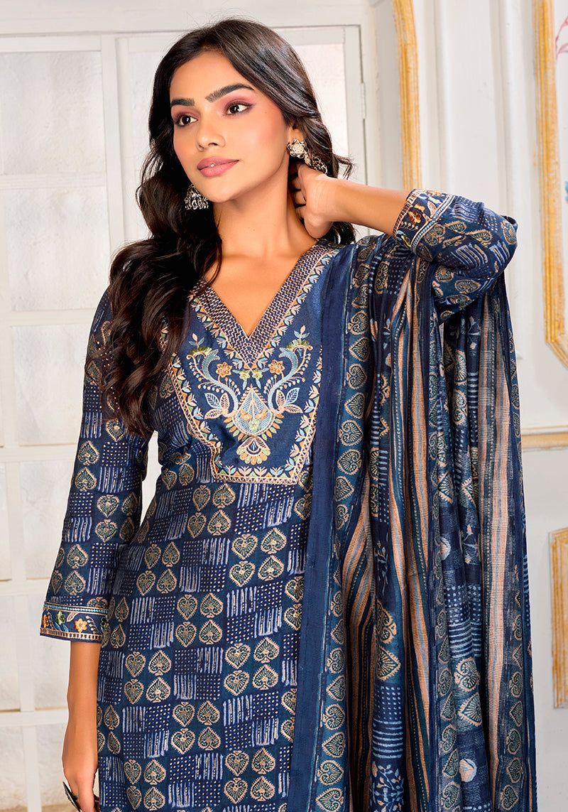 Monjolika Fashion Blue Chanderi Embroidered Work Party Pant Style Suit - Distacart