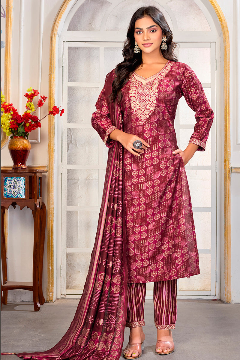 Monjolika Fashion Crimson Chanderi Silk Embroidered Work Party Pant Style Suit - Distacart