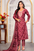 Monjolika Fashion Crimson Chanderi Silk Embroidered Work Party Pant Style Suit - Distacart