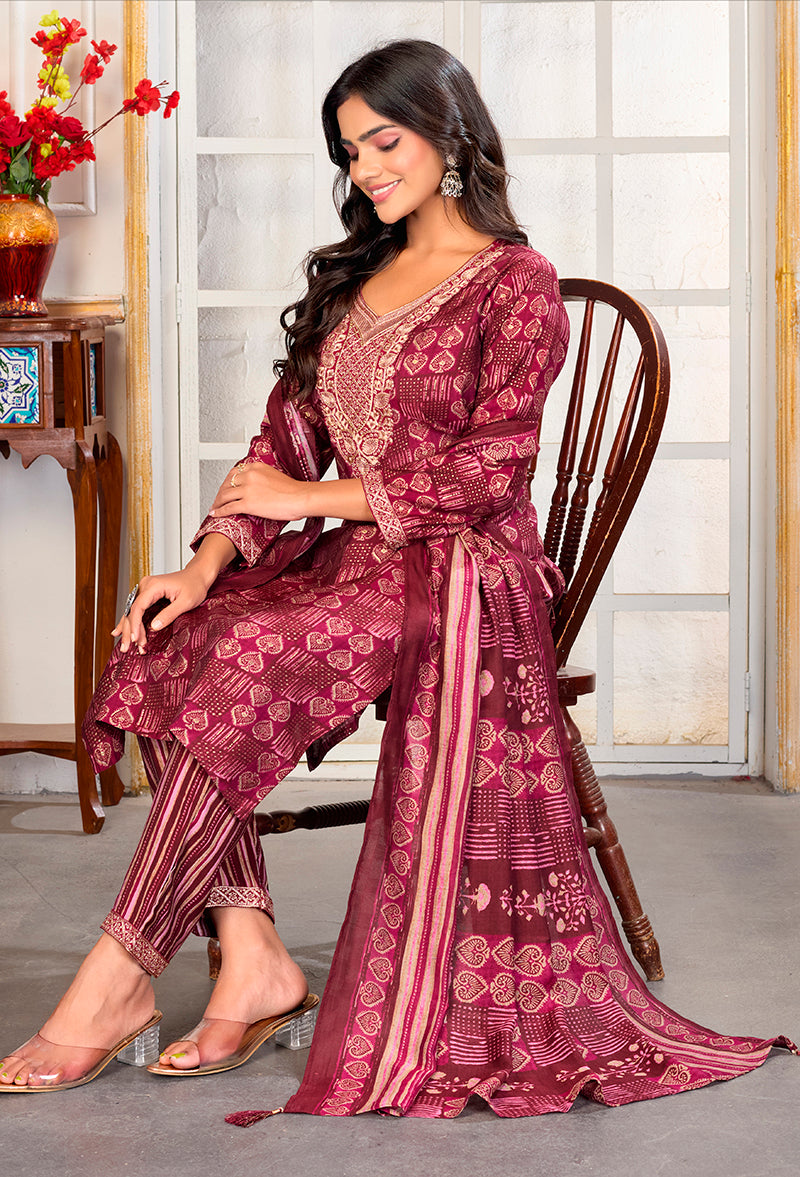 Monjolika Fashion Crimson Chanderi Silk Embroidered Work Party Pant Style Suit - Distacart