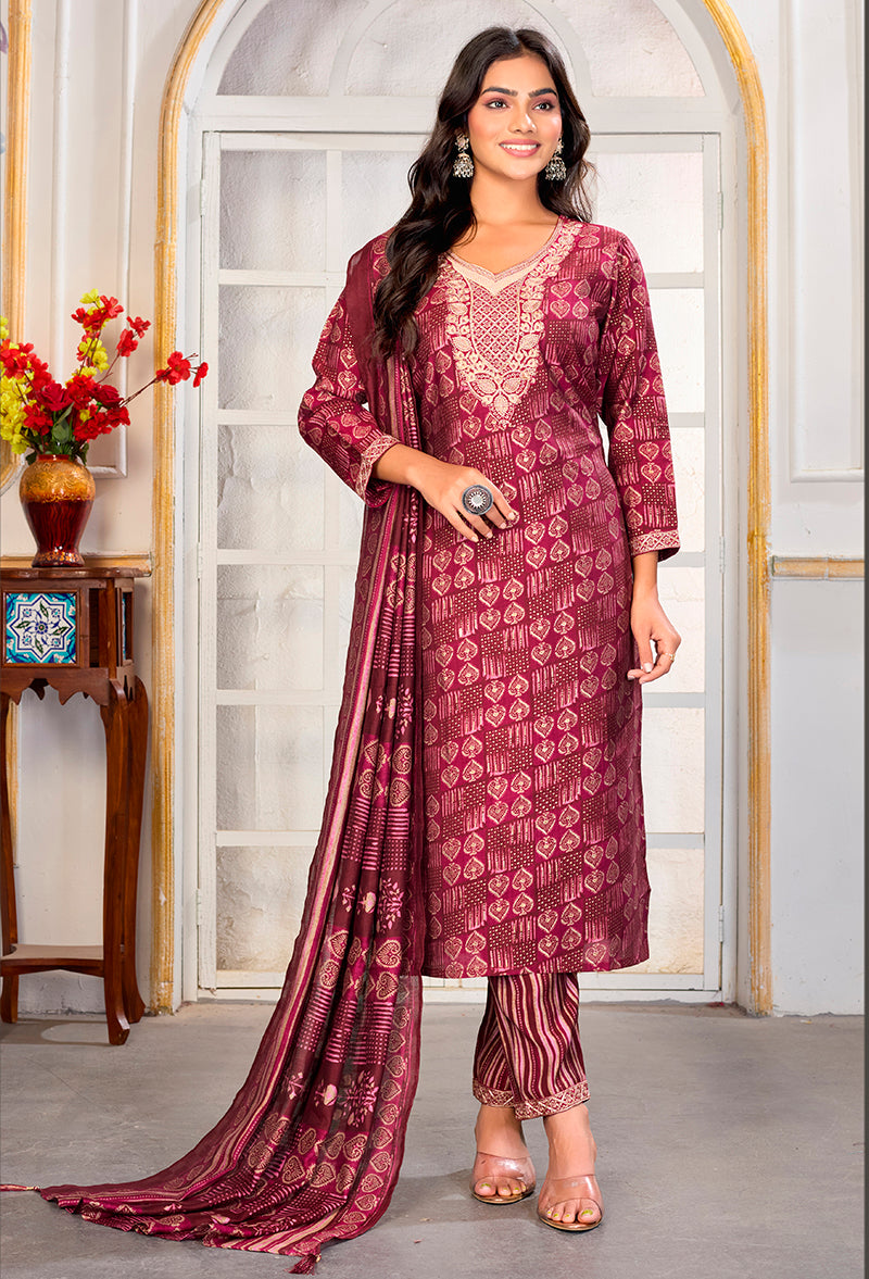 Monjolika Fashion Crimson Chanderi Silk Embroidered Work Party Pant Style Suit - Distacart