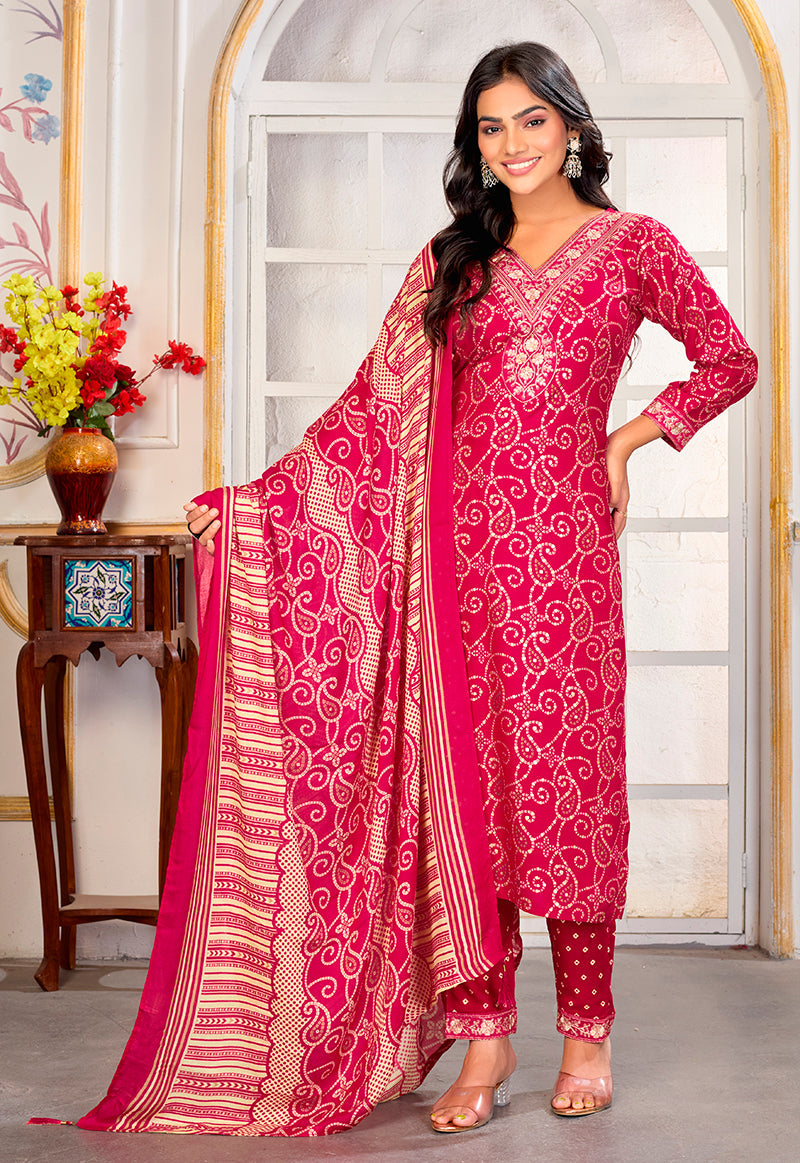Monjolika Fashion Pink Rayon Printed Party Wear Pant Style Suit - Distacart