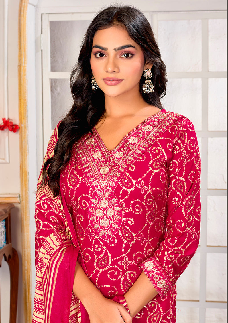 Monjolika Fashion Pink Rayon Printed Party Wear Pant Style Suit - Distacart