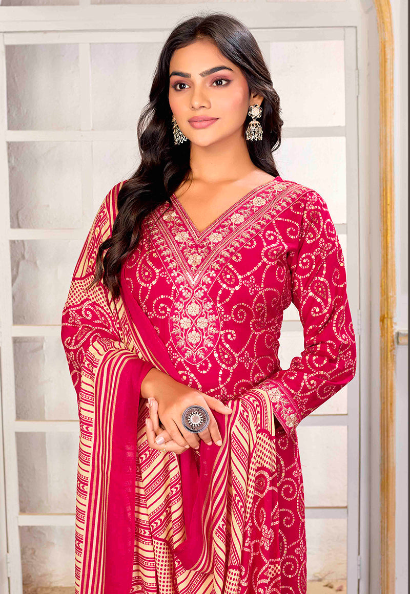 Monjolika Fashion Pink Rayon Printed Party Wear Pant Style Suit - Distacart