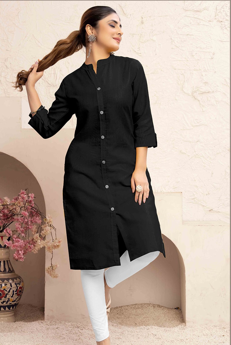 Monjolika Fashion Black Color Cotton Casual Kurti With Pocket - Distacart