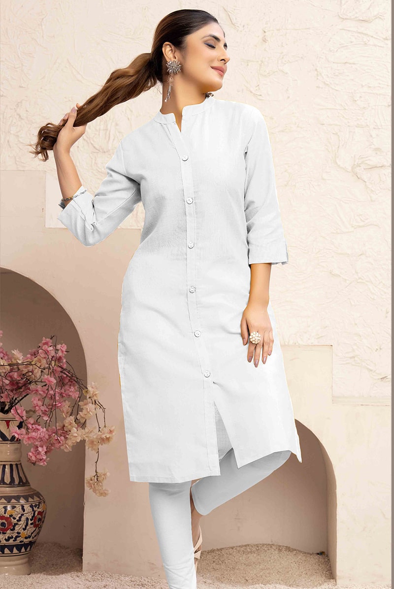 Monjolika Fashion White Color Cotton Casual Kurti With Pocket - Distacart