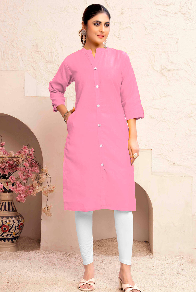 Monjolika Fashion Light Pink Color Cotton Casual Kurti With Pocket - Distacart
