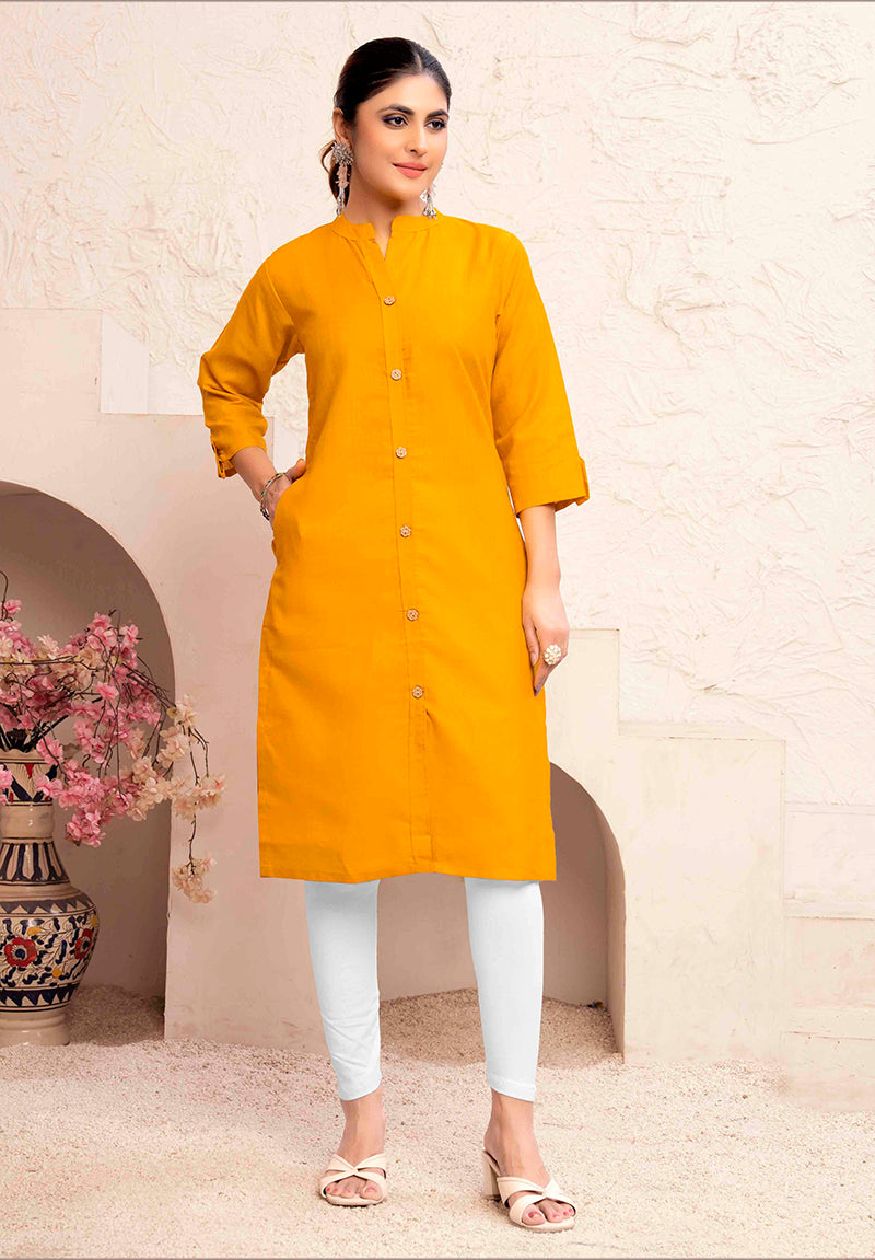 Monjolika Fashion Mustard Yellow Color Cotton Casual Kurti With Pocket - Distacart