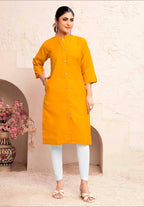 Monjolika Fashion Mustard Yellow Color Cotton Casual Kurti With Pocket - Distacart