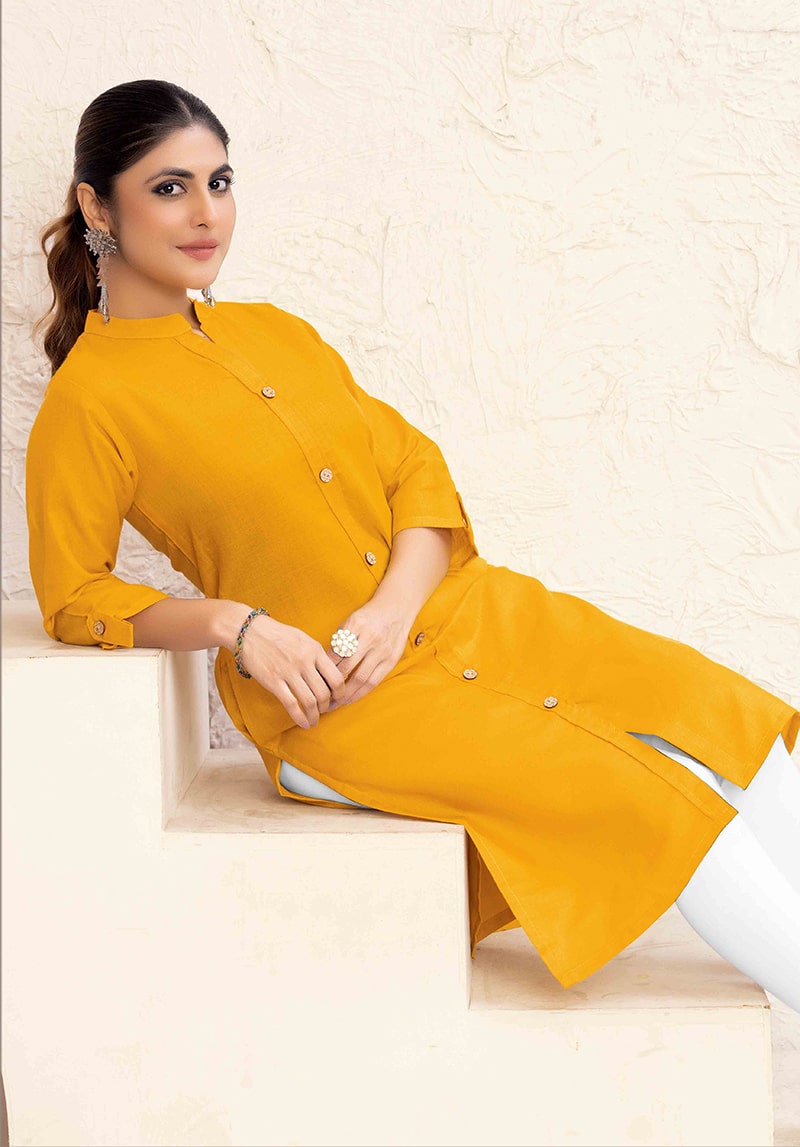 Monjolika Fashion Mustard Yellow Color Cotton Casual Kurti With Pocket - Distacart