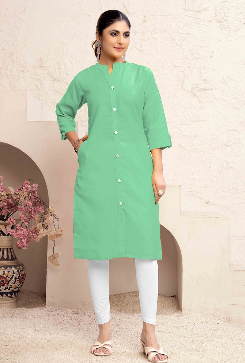 Monjolika Fashion Sea Green Color Cotton Casual Kurti With Pocket - Distacart