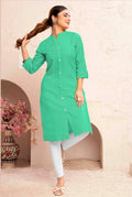 Monjolika Fashion Sea Green Color Cotton Casual Kurti With Pocket - Distacart