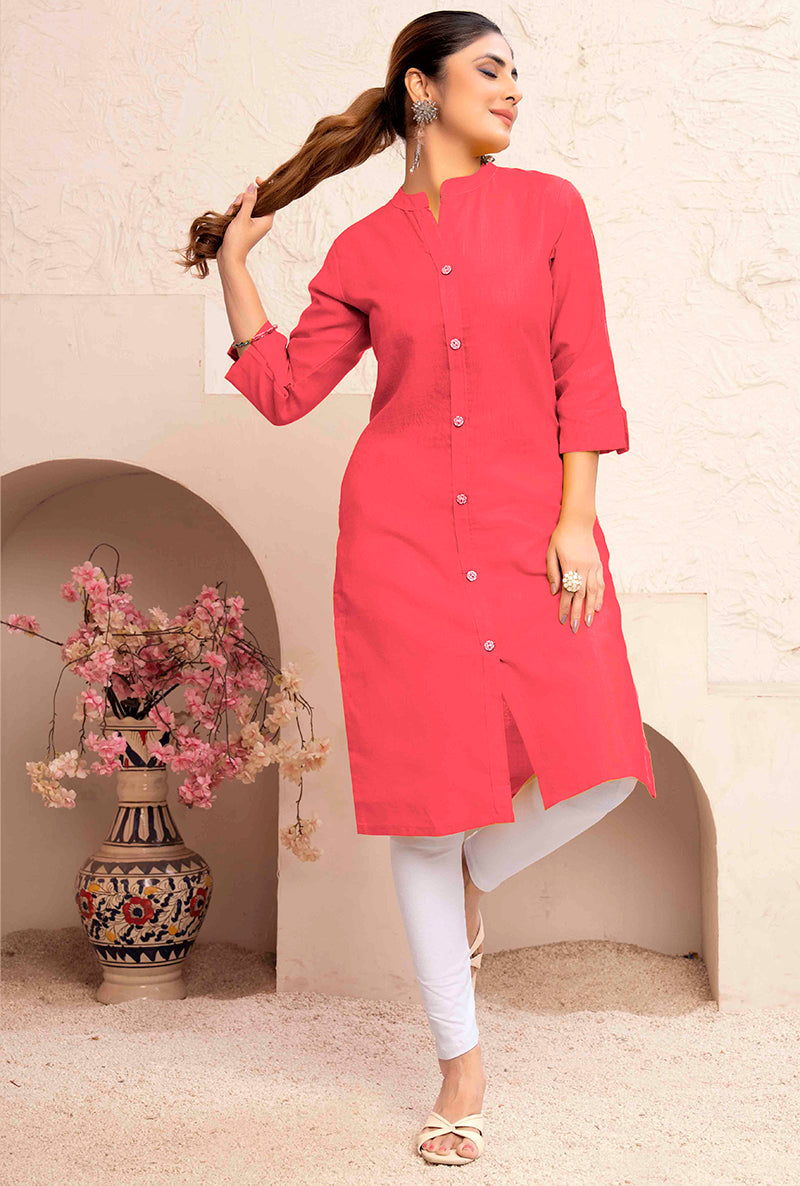 Monjolika Fashion Dark Peach Color Cotton Casual Kurti With Pocket - Distacart