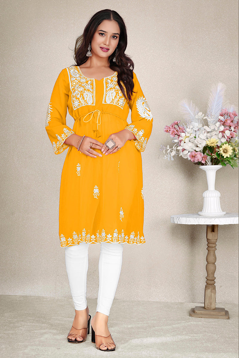 Monjolika Fashion Mustard Yellow Colour Embroidered Georgette Casual Kurti - Distacart