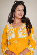 Monjolika Fashion Mustard Yellow Colour Embroidered Georgette Casual Kurti - Distacart