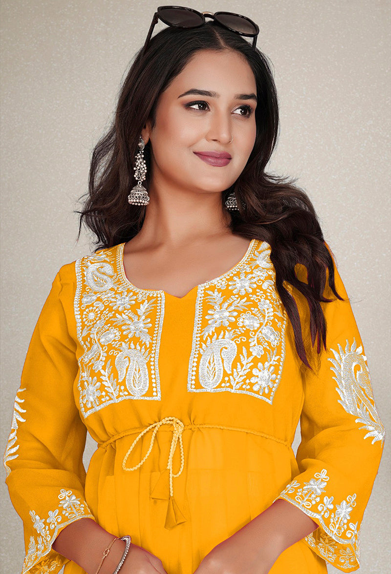 Monjolika Fashion Mustard Yellow Colour Embroidered Georgette Casual Kurti - Distacart