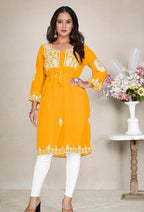 Monjolika Fashion Mustard Yellow Colour Embroidered Georgette Casual Kurti - Distacart