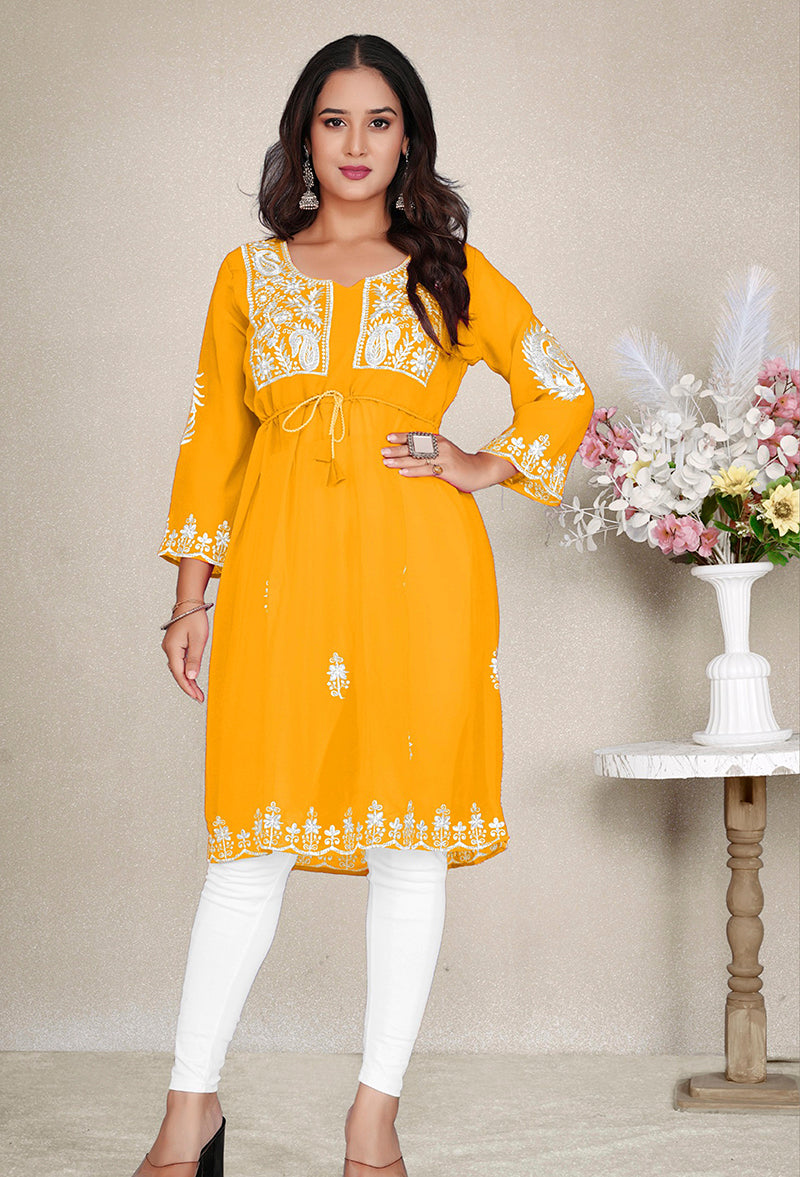 Monjolika Fashion Mustard Yellow Colour Embroidered Georgette Casual Kurti - Distacart