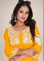 Monjolika Fashion Mustard Yellow Colour Embroidered Georgette Casual Kurti - Distacart