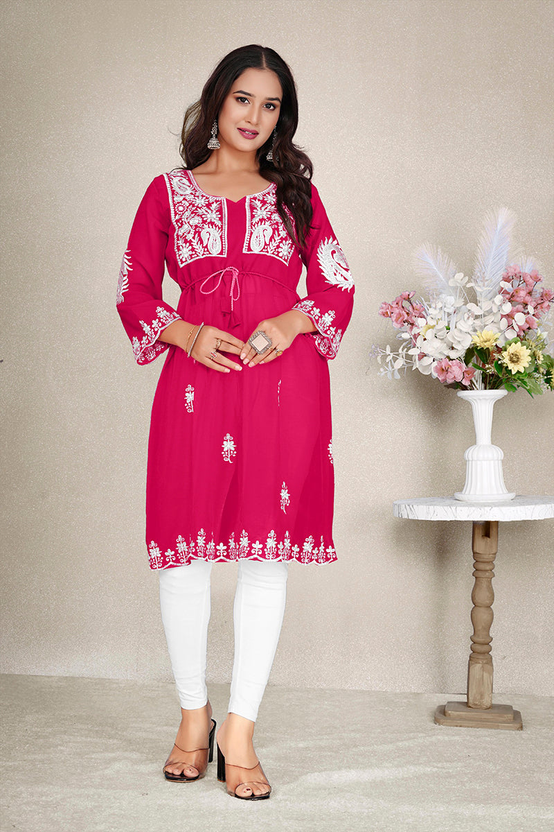 Monjolika Fashion Rani Pink Colour Embroidered Georgette Casual Kurti - Distacart