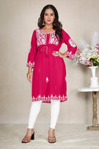 Monjolika Fashion Rani Pink Colour Embroidered Georgette Casual Kurti - Distacart