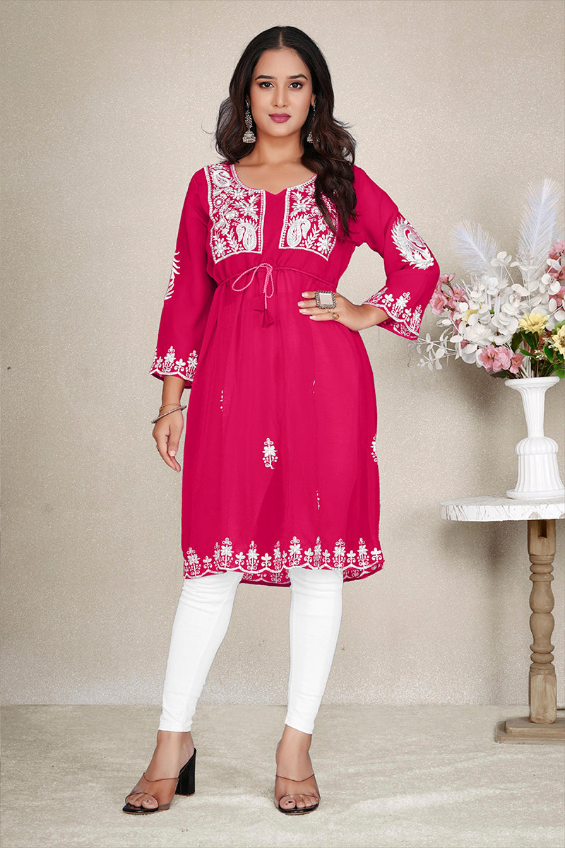 Monjolika Fashion Rani Pink Colour Embroidered Georgette Casual Kurti - Distacart
