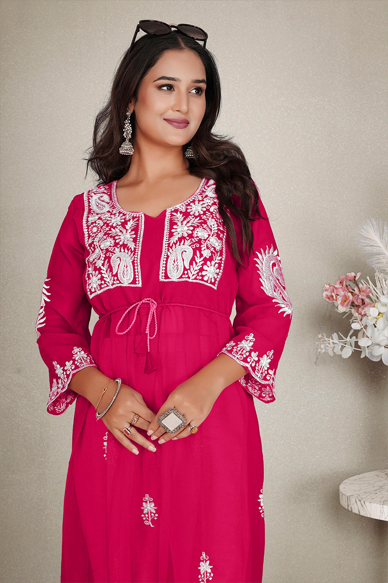Monjolika Fashion Rani Pink Colour Embroidered Georgette Casual Kurti - Distacart