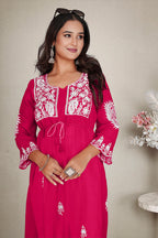 Monjolika Fashion Rani Pink Colour Embroidered Georgette Casual Kurti - Distacart