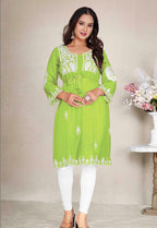 Monjolika Fashion Parrot Green Colour Embroidered Georgette Casual Kurti - Distacart