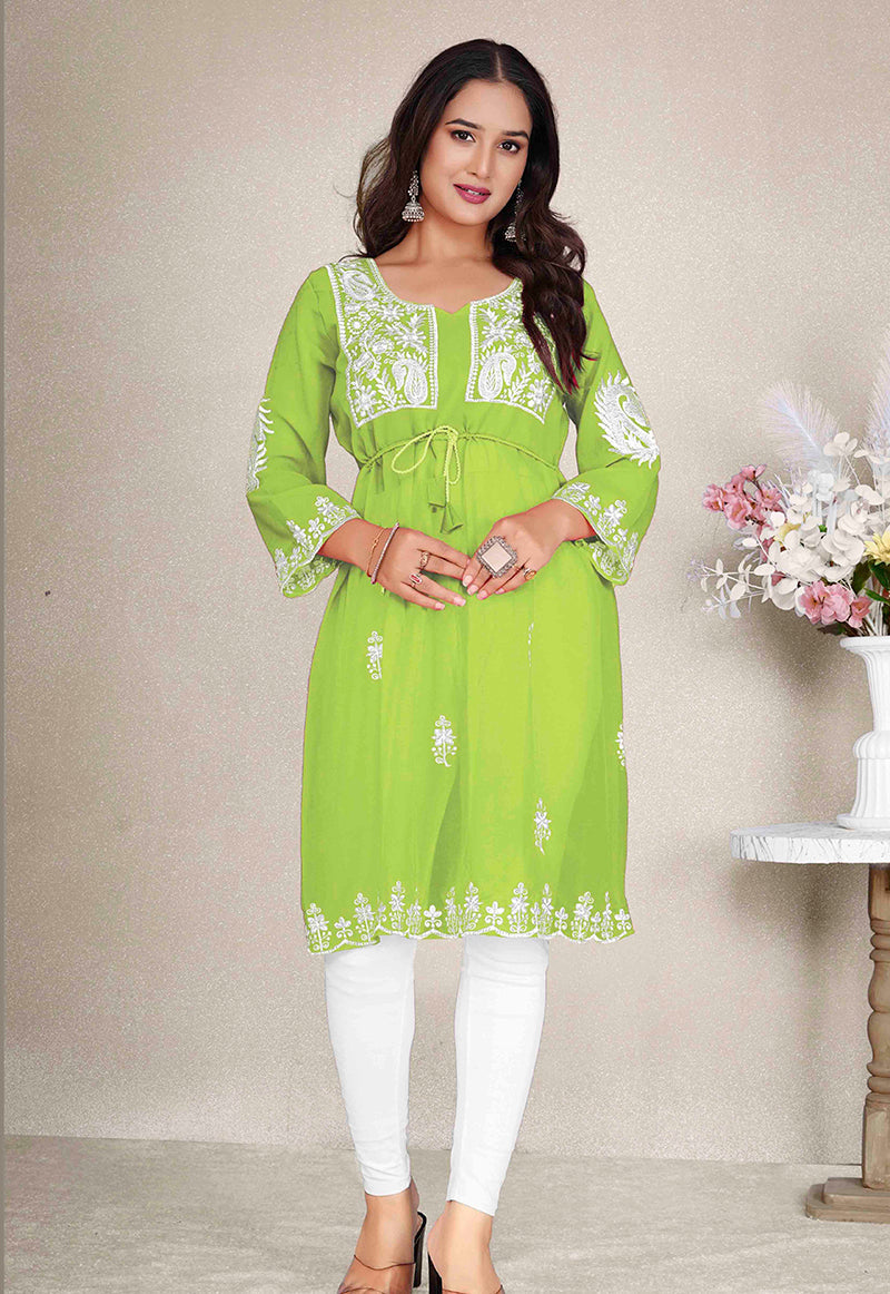 Monjolika Fashion Parrot Green Colour Embroidered Georgette Casual Kurti - Distacart