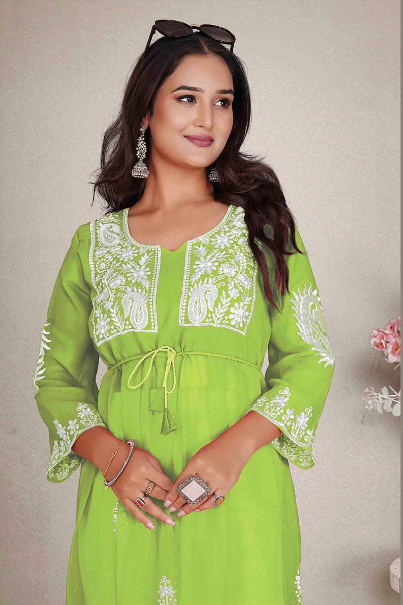 Monjolika Fashion Parrot Green Colour Embroidered Georgette Casual Kurti - Distacart