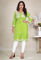Monjolika Fashion Parrot Green Colour Embroidered Georgette Casual Kurti - Distacart