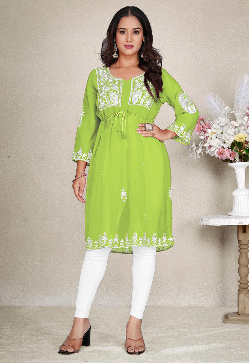 Monjolika Fashion Parrot Green Colour Embroidered Georgette Casual Kurti - Distacart