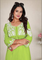 Monjolika Fashion Parrot Green Colour Embroidered Georgette Casual Kurti - Distacart