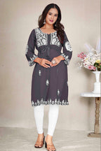 Monjolika Fashion Dark Grey Colour Embroidered Georgette Casual Kurti - Distacart