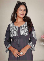 Monjolika Fashion Dark Grey Colour Embroidered Georgette Casual Kurti - Distacart
